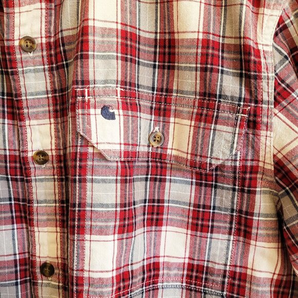 Carhartt Shirt Mens Medium Red Plaid Short Sleeve Button Down Relaxed Fit Cotton - Picture 3 of 7